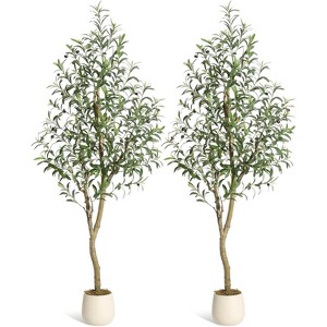 Olive Trees Artificial Indoor,Faux Silk Plant - Fake Potted Tree with White Planter with Natural Wood Trunk and Lifelike Fruits for Home Office Decor - 1 of 4