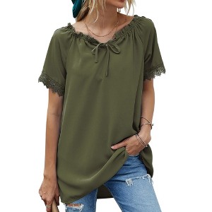 Anna-Kaci Women's Short Sleeve Peasant Blouse with Lace Trim Sleeves and Tie Neckline - 1 of 4