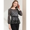 INSPIRE CHIC Women's Semi-Sheer Elegant Tie Waist Long Sleeve Floral Lace Peplum Blouses - 3 of 4