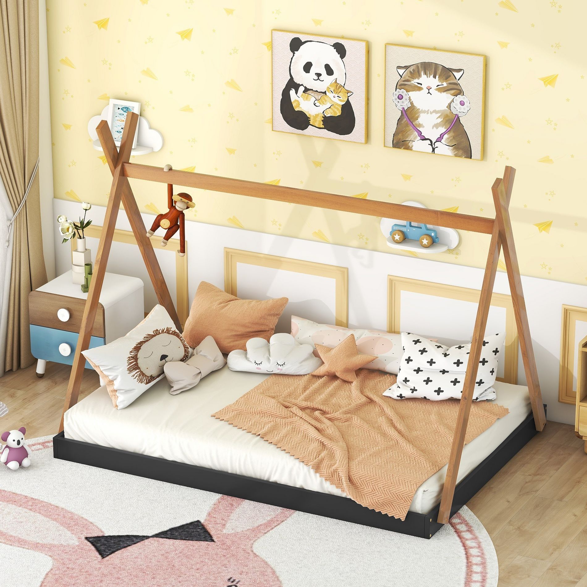 LOVMOR Full Size Toddler Floor Bed, Tent Shaped Montessori Bedframe, Solid Wood with Headboard and Footboard, for Children's Room, Black&Brown
