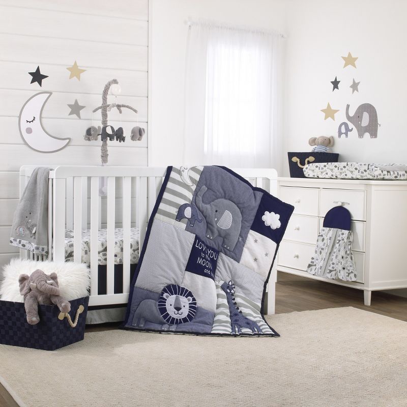 NoJo Love You To The Moon - 100% Cotton Navy, Grey and White Elephant and Giraffe Nursery Fitted Crib Sheet, 2 of 3