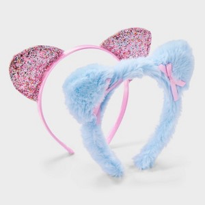 Girls' 2pk Glitter and Faux Fur Cat Ear Headband - Cat & Jack™ Pink/Blue - 1 of 3