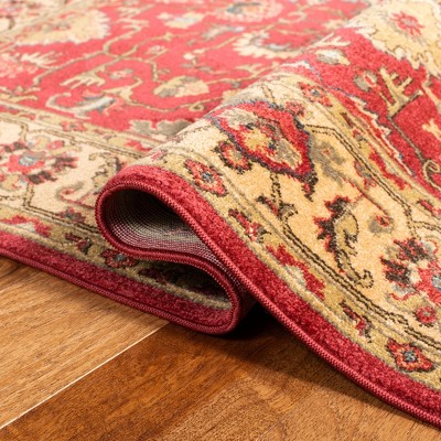 Elegant Red and Beige Hand-Knotted Synthetic Rectangular Rug
