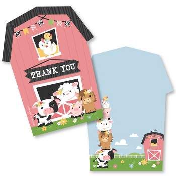 Big Dot of Happiness Girl Farm Animals - Shaped Thank You Cards Pink Barnyard Baby Shower or Birthday Party Thank You Note Cards with Envelopes 12 Ct