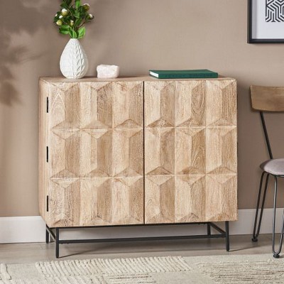 Natural Mango Wood Storage Cabinet, Christopher Knight Home Coffee Bar Cabinet, Kitchen Pantry Cabinet, Buffet Cabinet, Geometric Cabinet with 2 Doors