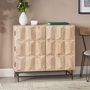 Natural Mango Wood Storage Cabinet, Christopher Knight Home Coffee Bar Cabinet, Kitchen Pantry Cabinet, Buffet Cabinet, Geometric Cabinet with 2 Doors - 1 of 4
