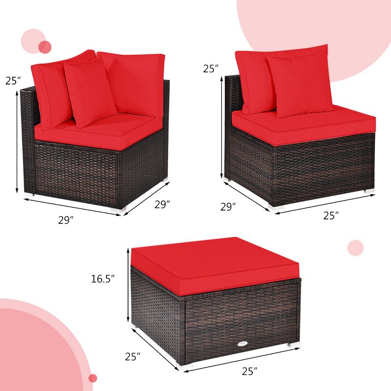 Tangkula 4-Piece Outdoor Rattan Sofa Set Sectional Conversation Couch Ottoman Turquoise/Red, 2 of 7