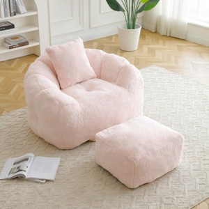 Oversized Faux Fur Bean Bag Chair with Footstool, Filled with Foam Large Shell Shaped Sofa for Adults and Kids-Baofuwish - 1 of 4