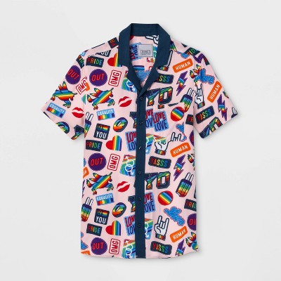 Pride Gender Inclusive Adult Patches Print Button-Down Camp Shirt - Pink