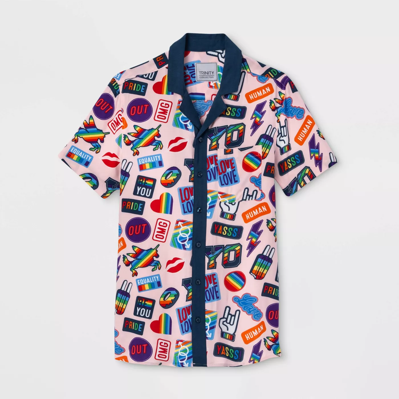 Pride Gender Inclusive Adult Patches Print Button-Down Camp Shirt - Pink - image 1 of 2