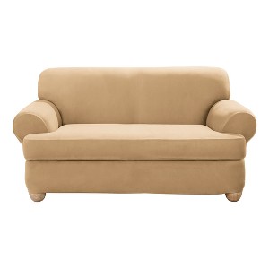 Camel Stretch Suede T-Loveseat Slipcover - Sure Fit