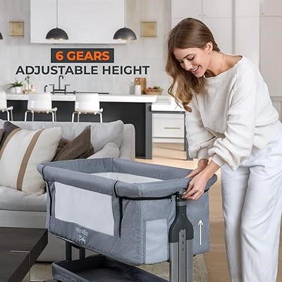 Grey Adjustable Height Portable Baby Bassinet with Mesh Sides