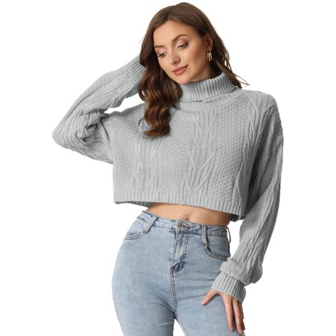 Allegra K Women's Turtle Neck Long Sleeve Knitted Pullover Cropped Sweater  Tops Grey Small