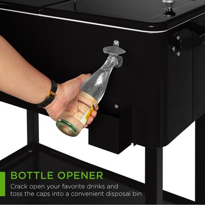 Black Steel Rolling Cooler Cart with Bottle Opener and Storage Shelf