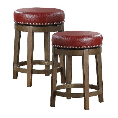 Lexicon Whitby 25 Inch Counter Height Wooden Bar Stool with Solid Wood Legs and Faux Leather Round Swivel Seat, Red (2 Pack)