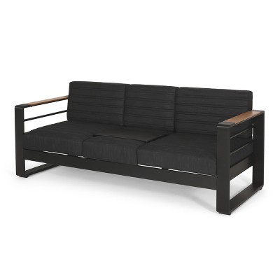 GDFStudio Giovanna Outdoor Aluminum 3 Seater Sofa with Water Resistant Cushions, Black Natural/Dark Gray