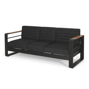 GDFStudio Giovanna Outdoor Aluminum 3 Seater Sofa with Water Resistant Cushions, Black Natural/Dark Gray - 1 of 4