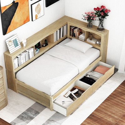 NicBex Twin Size Daybed 86" L Modern Wooden Bed Frame with Drawers, Storage Cabinets and Ports for Bedroom, Living Room, No Box Spring Required, Wood