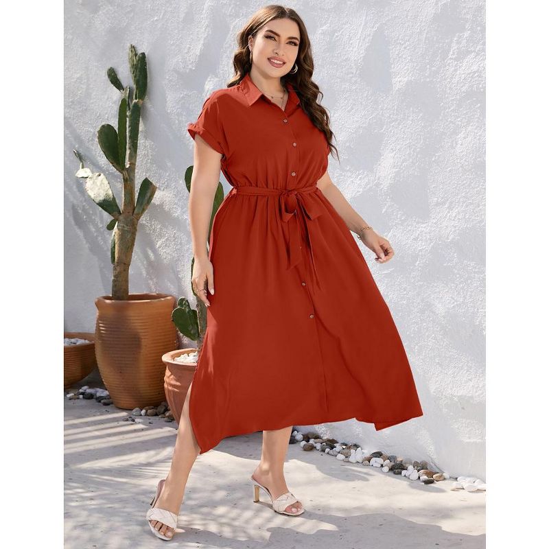 Plus Size Maxi Dresses for Women Summer Tie Belt Work Polo Dress Business Casual Button Down Dress, 4 of 7
