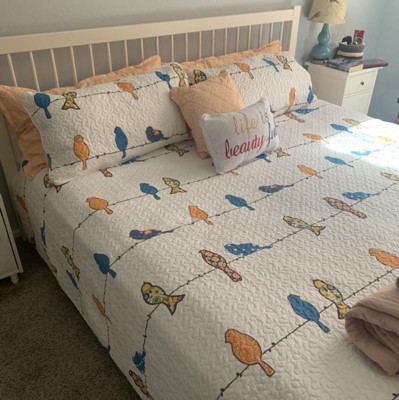 7pc Full/queen Rowley Birds Quilt Set Off - White/blue/orange