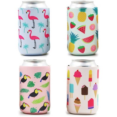 12-Pack Summer Parties Can Cooler Sleeves, 12 oz Insulated Beer Koozies Neoprene Holder, 4 Assorted Designs: Flamingo, Fruit, Toucan & Ice-cream