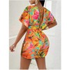 Mocamel  Women's Boho Batwing Short Sleeve Asymmetrical Waist Romper - Orange Geometric Print, Regular Fit, V - Neck Summer Jumpsuit - 2 of 4