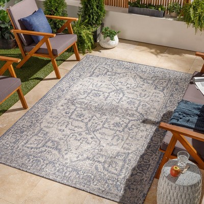 Ivory and Navy Synthetic Fur Stain-resistant Rectangular Rug 5'3" x 7'