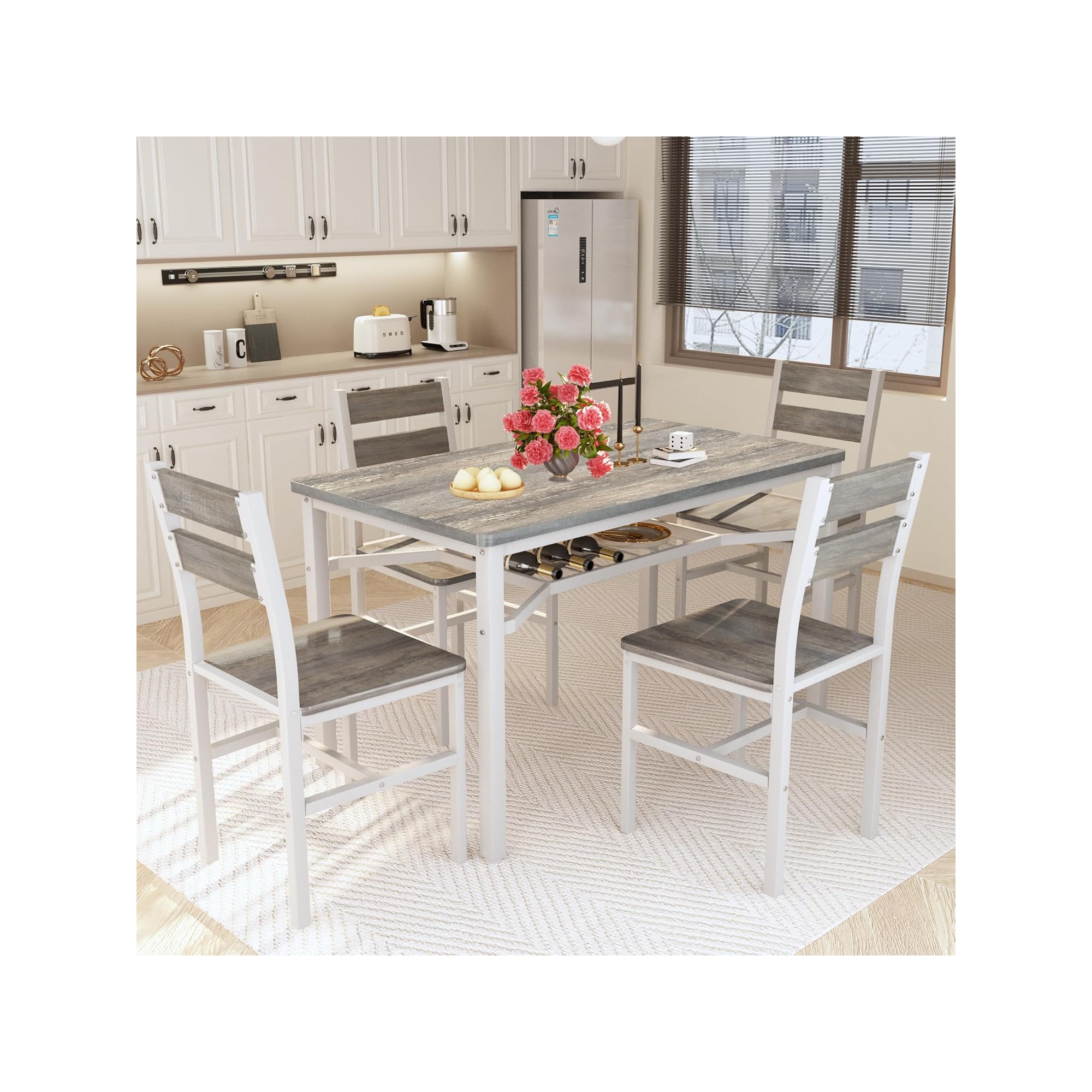 Hooseng Dining Table Set for 4, 5-Piece Kitchen Table Chairs Set, Rectangle Dining Room Table Set with Four Chairs and Wooden Table Top