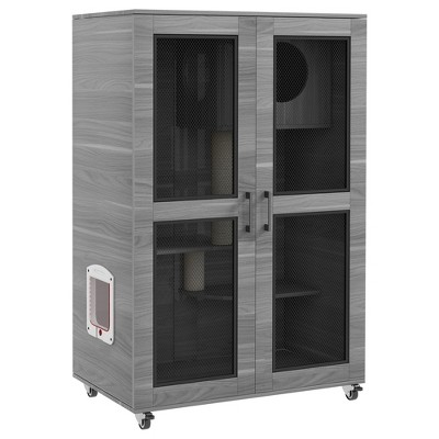 Skyzone Gray Cat Cabinet Tree: Hideaway Hiding Spot, Scratching Posts, Soft Cushion & Wheels for