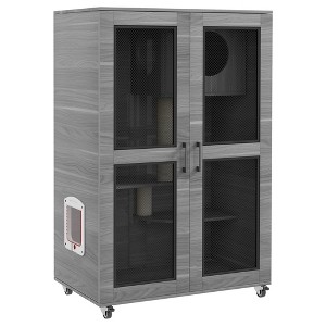 Skyzone Gray Cat Cabinet Tree: Hideaway Hiding Spot, Scratching Posts, Soft Cushion & Wheels for - 1 of 4