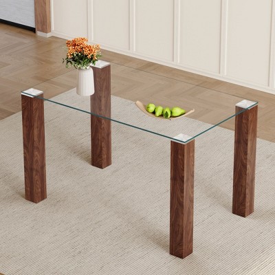 NicBex Rectangular Dining Table for 4 with Wood Grain Legs and Tempered Glass Top, Modern Kitchen Table, Dining Table for Kitchen, Bedroom
