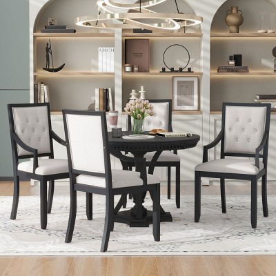 Retro Dining Sets Round, Dining Set Solid Wood With 16''Leaf And 4 Upholstered Chairs, Extendable Dining Table Set For Kitchen-Cuddlewood