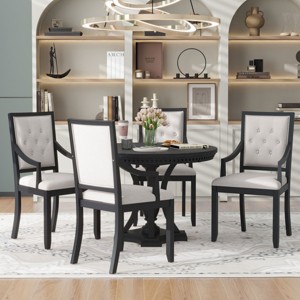 Retro Dining Sets Round, Dining Set Solid Wood With 16''Leaf And 4 Upholstered Chairs, Extendable Dining Table Set For Kitchen-Cuddlewood - 1 of 4