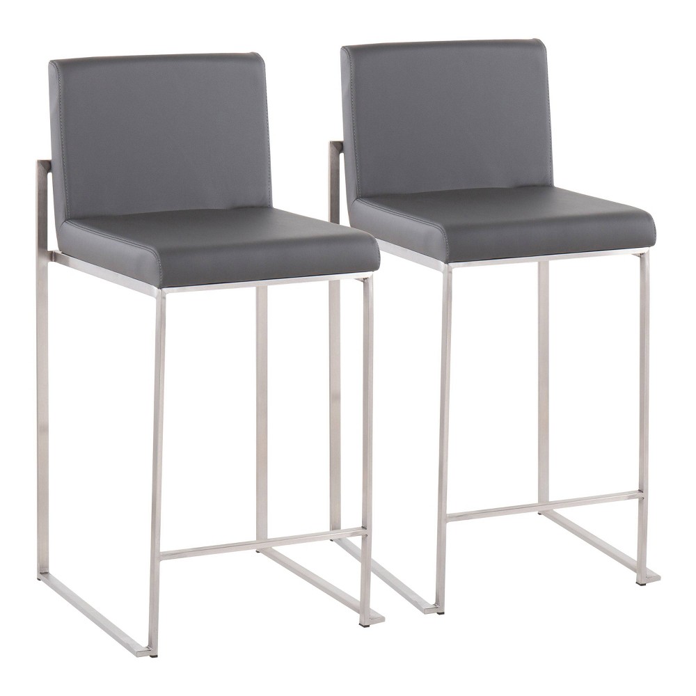 Set of 2 Fuji High Back Stainless Steel/Faux Leather Counter Height Barstools Gray - LumiSource: Padded, Armless