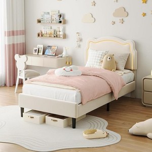 Twin Size Luxury Velvet Princess Platform Bed Frame - Smart Headboard, Built-in Storage Drawer, Wooden Slats Support,Cozy Bed for Bedroom - 1 of 4