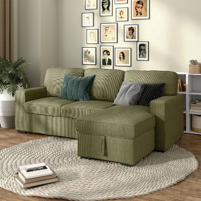 Green Corduroy Fabric Sectional Sofa with Storage Ottoman