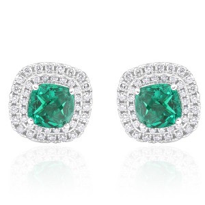 Pompeii3 4Ct Emerald & Lab Created Diamond Cushion Halo Studs 14k White Gold - 1 of 4