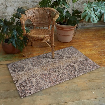Vintage Inspired Blue and Brown Floral Cotton Rectangular Rug