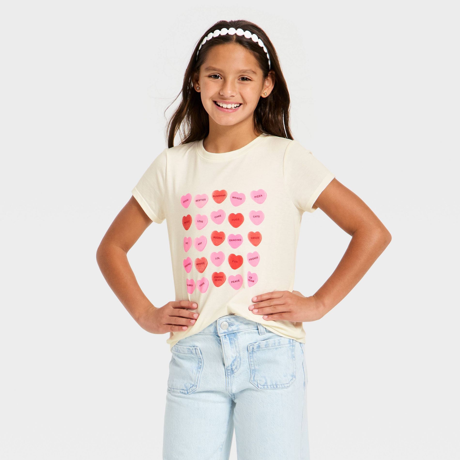 Girls' Short Sleeve Valentine's Day 'Candy Hearts' Graphic T-Shirt - Cat & Jack™ Cream