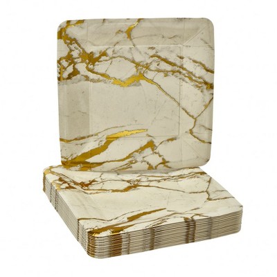 Silver Spoons Elegant Disposable Square Plates for Party, Heavy Duty Disposable Dinner Set, Side Plates, 7.5" (18 PC) - Marble Collection - Gold