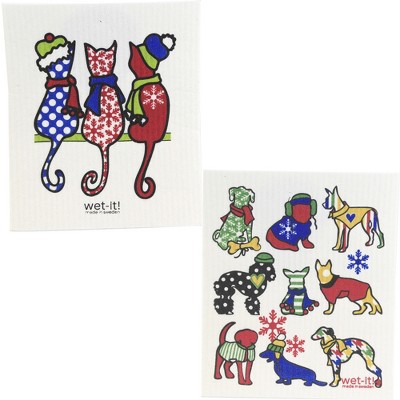 Swedish Dish Cloth 7.75" Christmas Cats And Dogs Eco Friendly  -  Dish Cloth