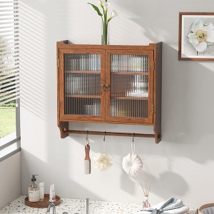 24.8" Solid Wood Glass Double-Door Wall Cabinet with Three Tiers of Storage and Towel Rack for Bathroom, Kitchen, Dining Room - 1 of 4
