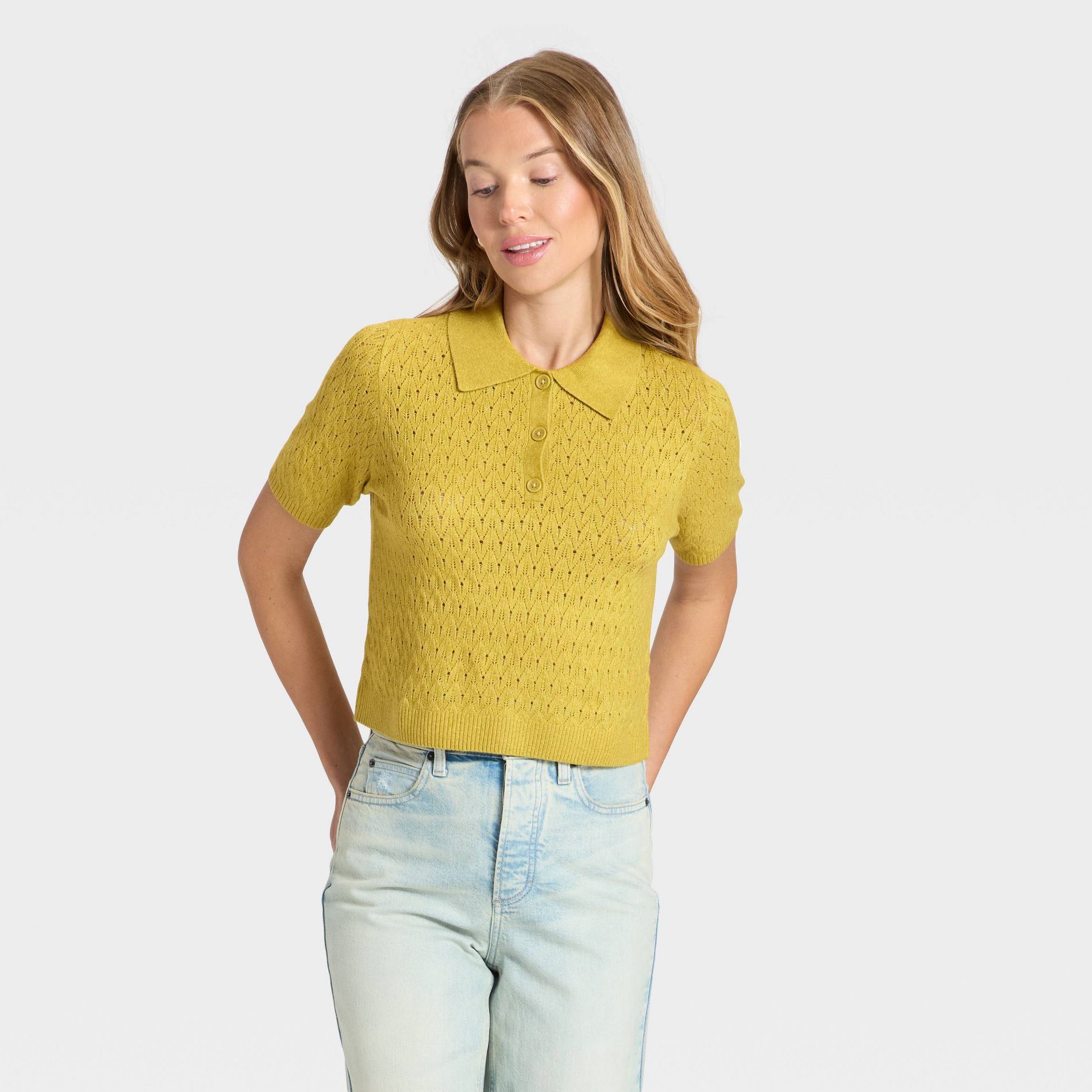 Women's Short Sleeve Collared Neck Pullover Sweater - Universal Thread™ Yellow S