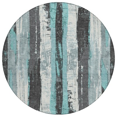 HomeRoots 8' Teal Blue And Gray Round Striped Washable Indoor Outdoor Area Rug