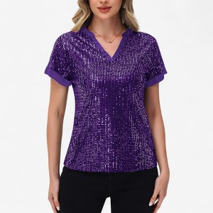 Anna-Kaci Women's Sequin Short Sleeve Top with Satin Trim V-Neckline and Rolled Cuffs - 1 of 4