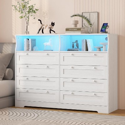 55 Inch Tall Wooden Bedroom Dressers with Power Outlet and Led Lights, Large Modern 8 Drawers Dressers for Living Room, Hallway