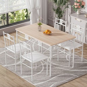 VECELO Kitchen Dining Room Table Sets for 4, 5 Piece Metal and Wood Rectangular Breakfast Nook, Oak - 1 of 4