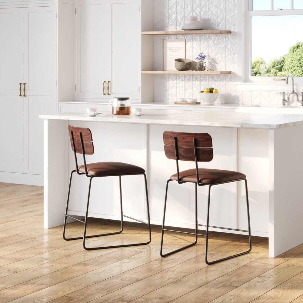 Photos - Storage Combination Set of 2 Urban Wood Back Upholstered Counter Height Barstool Brown - Sarac
