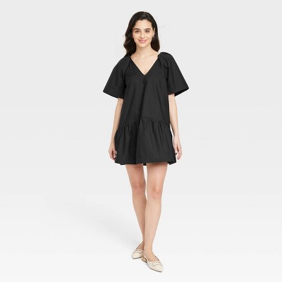 Women's Flutter Short Sleeve Mini Poplin Dress - A New Day™ Black S