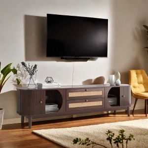 Angel Sar Rattan TV Stand Up To 75" With Sliding Door, Mid-Century Modern Media TV Console Table, Brown - 1 of 4